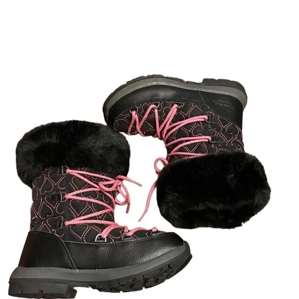BEARPAW Meredith Girls Pink Black Heart Waterproof Snow Boots Youth 5 faux fur